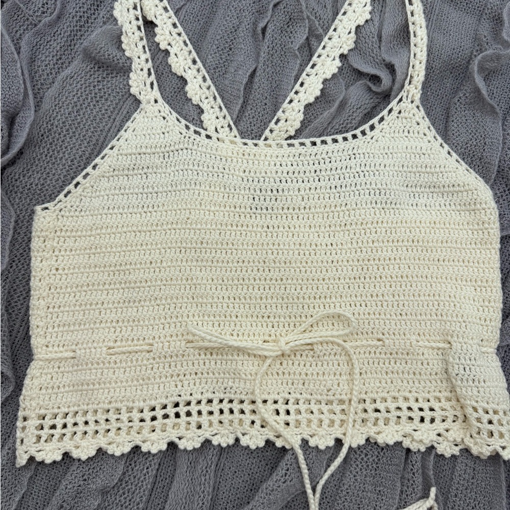 Say What? Cream Cropped Crochet Top with Mid Tie and Scallop Detail, Size Small